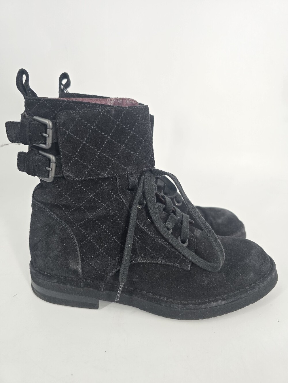 Chanel Black Suede Quilted Buckle Moto Boots Size 37